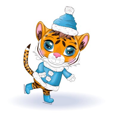 Şapkalı, kürklü, buz patenli, 2022 kışında güzel gözleri olan sevimli çizgi film kaplanı. Çin Yeni Yılı 2022, Kaplan 'ın Noel yılı. Ay Yeni Yılı 2022.