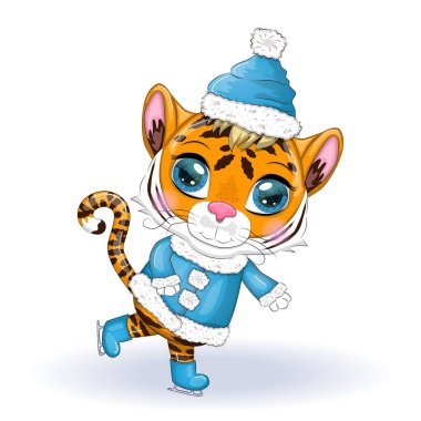Şapkalı, kürklü, buz patenli, 2022 kışında güzel gözleri olan sevimli çizgi film kaplanı. Çin Yeni Yılı 2022, Kaplan 'ın Noel yılı. Ay Yeni Yılı 2022.