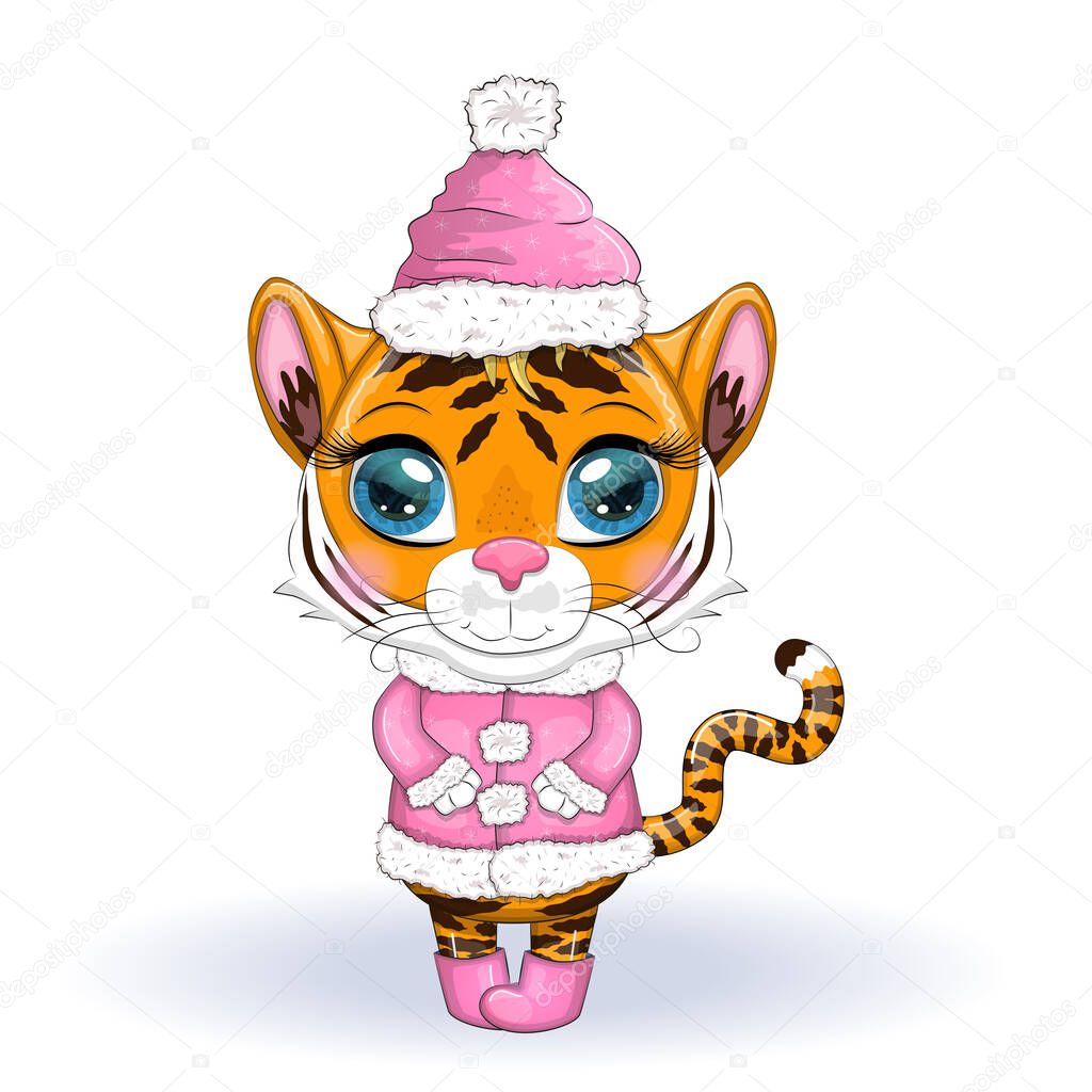 Cute cartoon tiger with beautiful eyes in a hat and fur coat, winter 2022. Chinese New Year 2022, Christmas Year of the Tiger. Lunar new year 2022.
