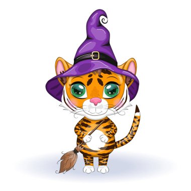 Güzel gözleri olan sevimli çizgi film kaplanı, mor pelerinli turuncu ve cadı şapkalı, süpürge ve balkabaklı. Cadılar Bayramı 2022.