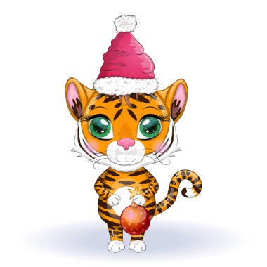 Güzel gözleri olan sevimli çizgi film kaplanı, parlak turuncu, Noel Baba şapkalı bir Noel topu. 2022 Çin Yeni Yılı için çizimler, Kaplan Yılı. Ay Yeni Yılı 2022.