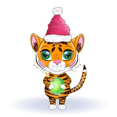 Güzel gözleri olan sevimli çizgi film kaplanı, parlak turuncu, Noel Baba şapkalı bir Noel topu. 2022 Çin Yeni Yılı için çizimler, Kaplan Yılı. Ay Yeni Yılı 2022.