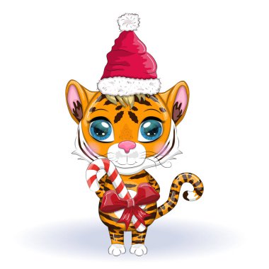 Güzel gözleri olan sevimli çizgi film kaplanı, parlak, turuncu ve şekerli Kane. 2022 Çin Yeni Yılı için çizimler, Kaplan Yılı. Ay Yeni Yılı 2022.