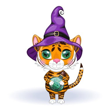 Güzel gözlü şirin çizgi film kaplanı, mor pelerinli turuncu ve iksirli cadı şapkası. Cadılar Bayramı 2022.