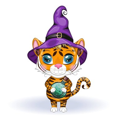 Güzel gözlü şirin çizgi film kaplanı, mor pelerinli turuncu ve iksirli cadı şapkası. Cadılar Bayramı 2022.