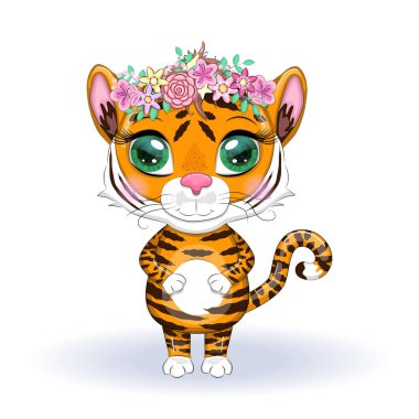 Güzel gözleri olan sevimli çizgi film kaplanı, çiçekler, kalpler ve tebrik kartı arasında turuncu, parlak. 2022 Çin Yeni Yılı için çizimler, Kaplan Yılı. Ay Yeni Yılı 2022.