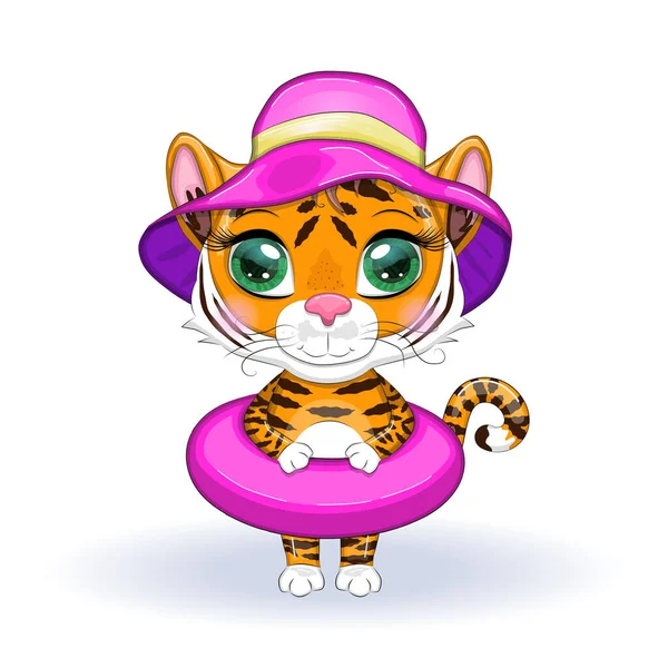 Cute Cartoon Tiger Beautiful Eyes Orange Circle Swimming Wearing Hat — Stock Vector