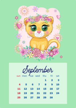 Her ay için sevimli karton hayvanlarla 2022 takvimi. Kaplan, kar leoparı, kırmızı panda, kedi, su aygırı, baykuş, aslan, tavşan, tilki, hamster, inek. Dikey takvim, hafta pazar günü başlıyor. A4 biçimi.