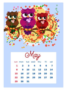 Takvim 2022. Her ay için sevimli baykuşlar ve kuşlar. 2022 için duvar dikey takvimi, hafta pazar günü başlıyor. A4 biçimi.