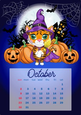 Tatlı kaplan. 2022 yılı için duvar takvimi tasarım şablonu, Çin takvimine göre kaplan yılı, A4 formatı. Hafta pazar günü başlıyor.