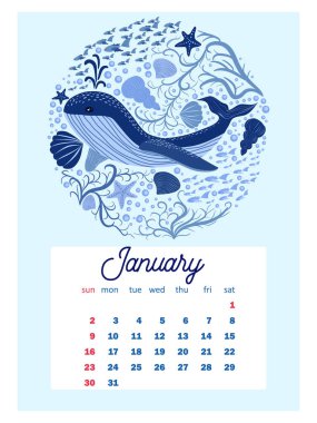Deniz hayatı. 2022 için duvar takvimi şablonu, A4 biçimi. Hafta pazar günü başlıyor. Balina, deniz kızı, salyangoz, köpekbalığı, yengeç, vatoz, denizatı, yunus, ahtapot, kaplumbağa, denizanası, palyaço balığı vs..
