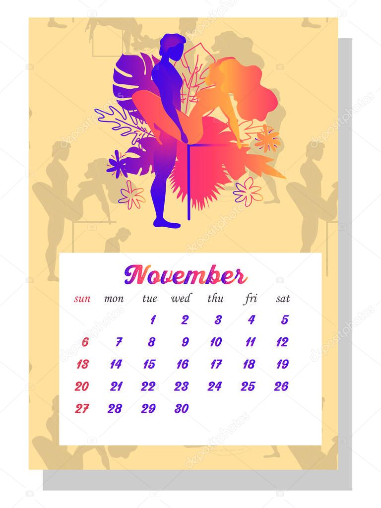 Concept calendar for 2022. Beautiful couples for every month of the year, relationships, family, Kama Sutra poses. Wall vertical calendar for 2022, the week starts on Sunday. A4 format.