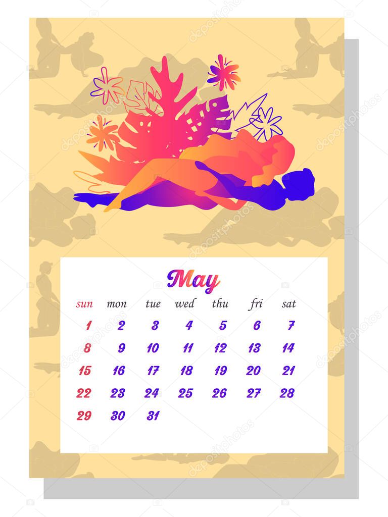 Concept calendar for 2022. Beautiful couples for every month of the year, relationships, family, Kama Sutra poses. Wall vertical calendar for 2022, the week starts on Sunday. A4 format.