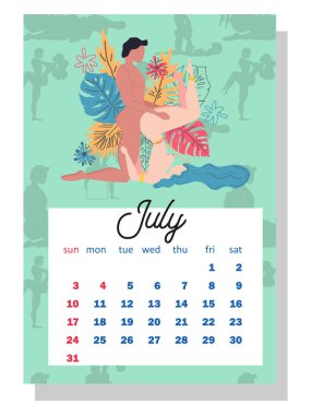 2022 için kavram takvimi. Yılın her ayı için güzel çiftler, siluetler, aile, Kama Sutra pozları. 2022 için duvar dikey takvimi, hafta pazar günü başlıyor. A4 biçimi.