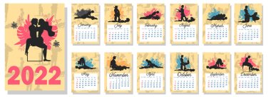 Concept calendar for 2022. Beautiful couples for every month of the year, silhouettes, relationships, family, Kama Sutra poses. vertical calendar for 2022, the week starts on Sunday. A4 format. clipart
