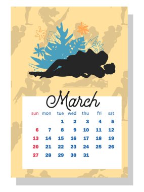 2022 için kavram takvimi. Yılın her ayı için güzel çiftler, siluetler, ilişkiler, aile, Kama Sutra pozları. 2022 için dikey takvim, hafta pazar günü başlıyor. A4 biçimi.