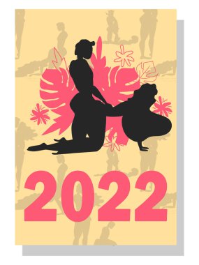 İnsanlar sevişir. 2022 için kavram takvimi. Yılın her ayı için güzel çiftler, siluetler Kama Sutra pozları. 2022 için duvar dikey takvimi, hafta pazar günü başlıyor. A4 biçimi.
