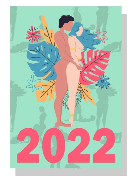 2022 콘셉트 아름다운 커플들이 나오고 실루엣 수트라가 포즈를 취한다 2022 — 스톡 벡터