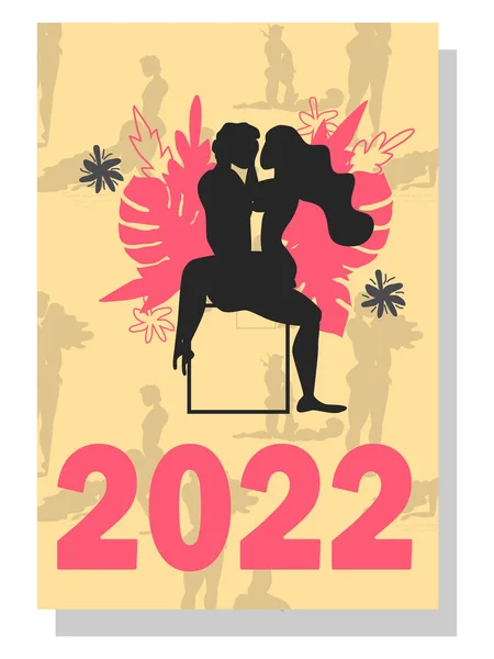 2022 콘셉트 아름다운 커플들 실루엣 수트라가 포즈를 취한다 2022 수직선 — 스톡 벡터