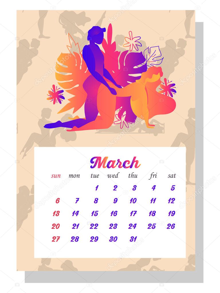 Concept calendar for 2022. Beautiful couples for every month of the year, relationships Kama Sutra poses. people make love. vertical calendar for 2022, the week starts on Sunday. A4 format.