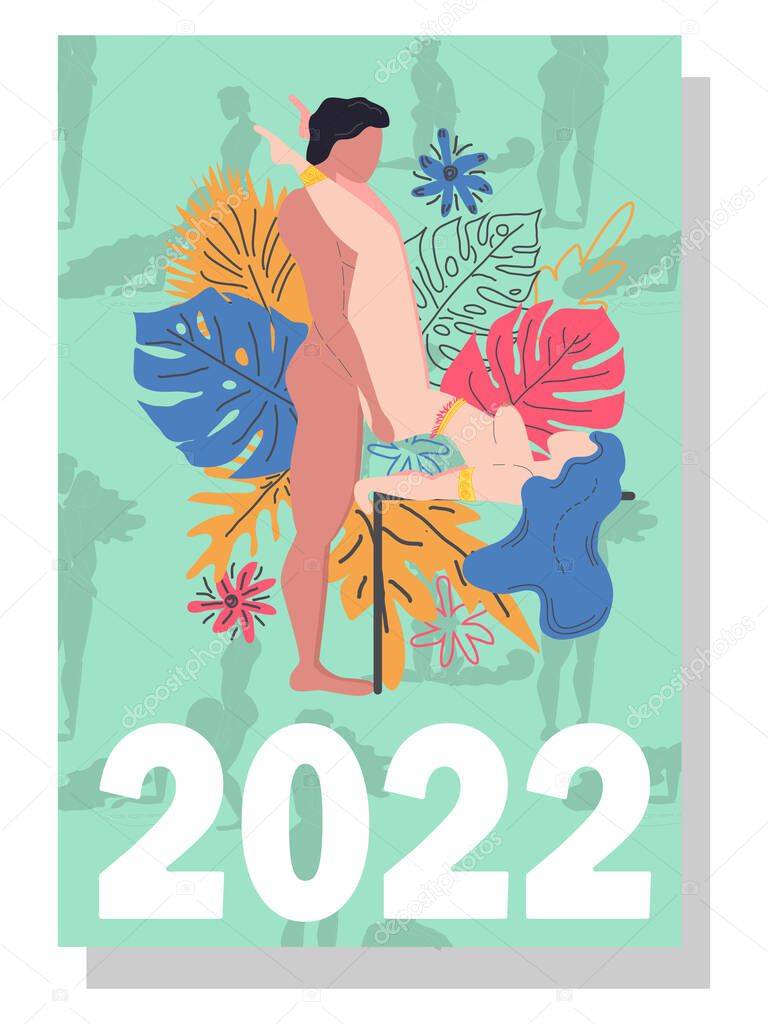 Concept calendar for 2022. Beautiful couples for every month of the year Kama Sutra poses. people make love. vertical calendar for 2022, the week starts on Sunday. A4 format.