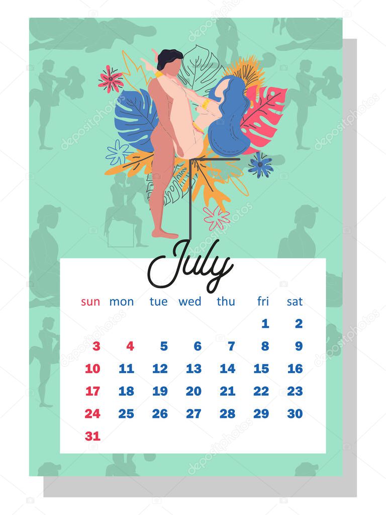 Concept calendar for 2022. Beautiful couples for every month of the year Kama Sutra poses. people make love. vertical calendar for 2022, the week starts on Sunday. A4 format.