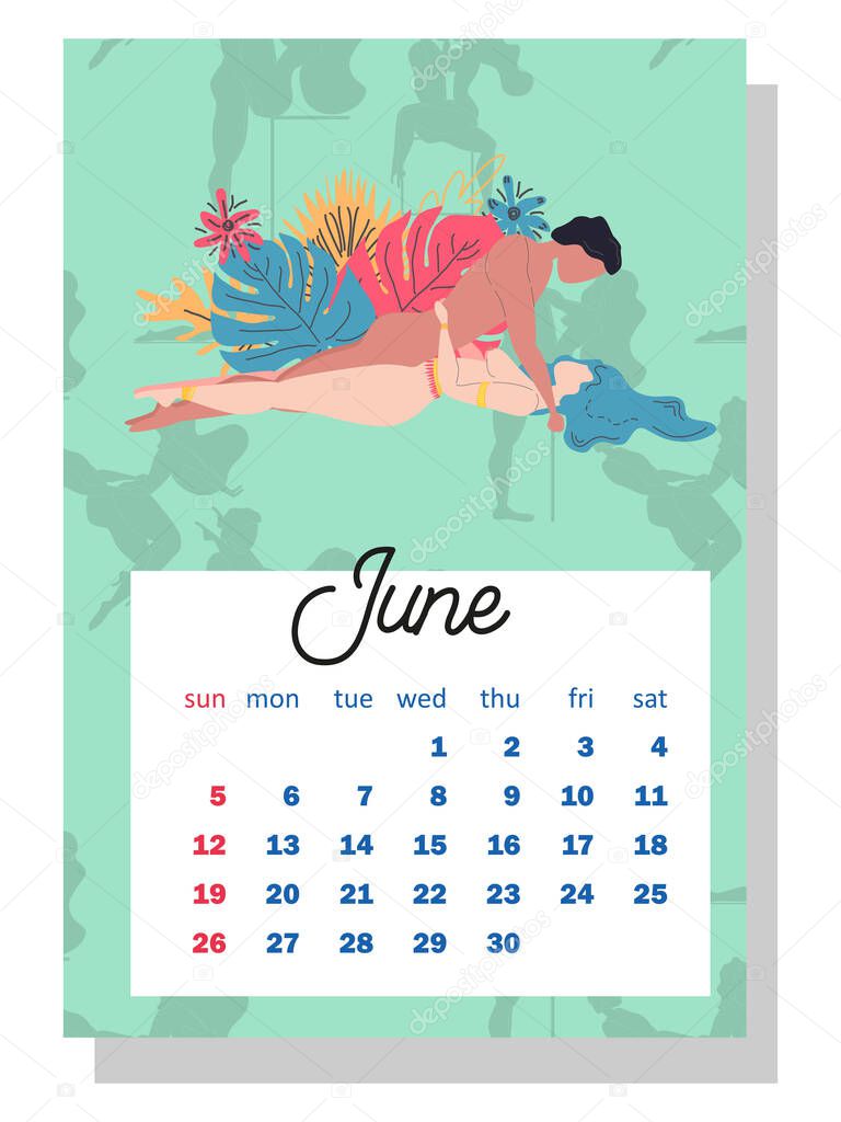 Concept calendar for 2022. Beautiful couples for every month of the year, silhouettes, family, Kama Sutra poses. Wall vertical calendar for 2022, the week starts on Sunday. A4 format.
