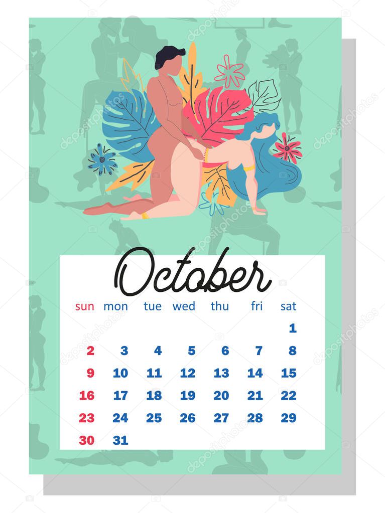 Concept calendar for 2022. Beautiful couples for every month of the year, silhouettes, family, Kama Sutra poses. Wall vertical calendar for 2022, the week starts on Sunday. A4 format.