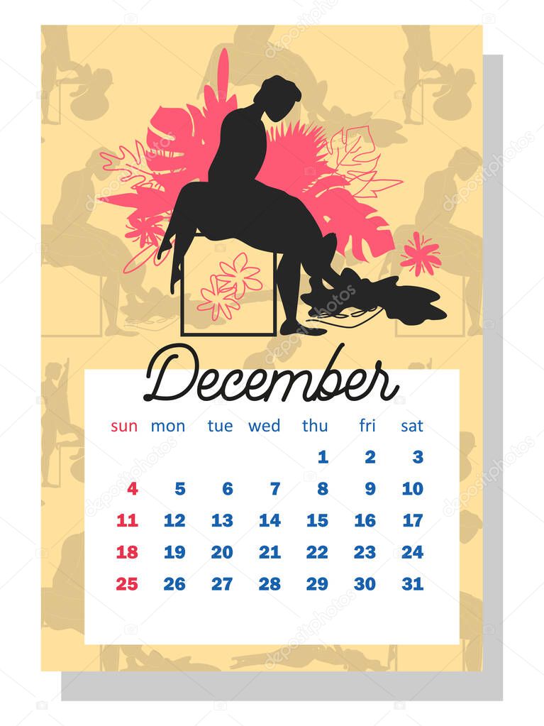 Concept calendar for 2022. Beautiful couples for every month of the year, silhouettes, relationships, family, Kama Sutra poses. vertical calendar for 2022, the week starts on Sunday. A4 format.