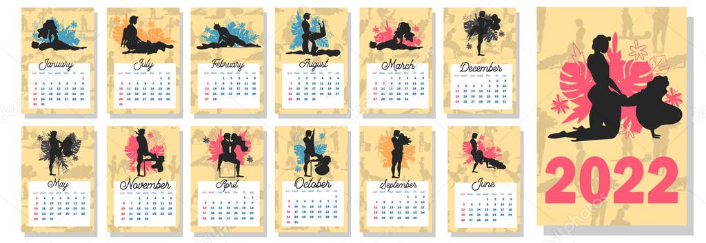 people make love. Concept calendar for 2022. Beautiful couples for every month of the year, silhouettes Kama Sutra poses. Wall vertical calendar for 2022, the week starts on Sunday. A4 format.