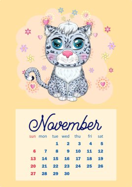 Her ay için sevimli karton hayvanlarla 2022 takvimi. Kaplan, kar leoparı, kırmızı panda, kedi, su aygırı, baykuş, aslan, tavşan, tilki, hamster, inek. Dikey takvim, hafta pazar günü başlıyor. A4 biçimi.