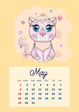 Her ay için sevimli karton hayvanlarla 2022 takvimi. Kaplan, kar leoparı, kırmızı panda, kedi, su aygırı, baykuş, aslan, tavşan, tilki, hamster, inek. Dikey takvim, hafta pazar günü başlıyor. A4 biçimi.