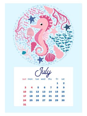 Deniz hayatı. 2022 için duvar takvimi şablonu, A4 biçimi. Hafta pazar günü başlıyor. Balina, deniz kızı, salyangoz, köpekbalığı, yengeç, vatoz, denizatı, yunus, ahtapot, kaplumbağa, denizanası, palyaço balığı vs..