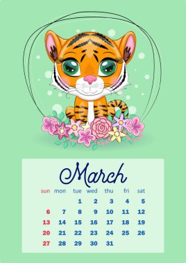 2022 yılı için Şirin Kaplan Duvarı Takvim Şablonu, Kaplan Yılı, Çin takvimi, A4. Hafta pazar günü başlıyor. çizgi film