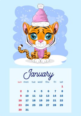 2022 yılı için Şirin Kaplan Duvarı Takvim Şablonu, Kaplan Yılı, Çin takvimi, A4. Hafta pazar günü başlıyor. çizgi film