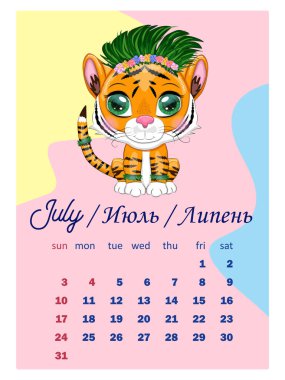 Takvim 2022. Kaplan, yeni yılın sembolü. Çin yıldız falı takvimi, dikey A4 formatı, 12 aylık takvim. Hafta Pazar günü başlıyor, başlık üç dilde: İngilizce, Rusça, Ukraynaca.