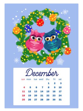 Takvim 2022. Her ay için sevimli baykuşlar ve kuşlar. 2022 için duvar dikey takvimi, hafta pazar günü başlıyor. A4 biçimi.