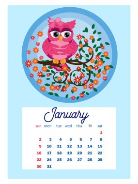 Takvim 2022. Her ay için sevimli baykuşlar ve kuşlar. 2022 için duvar dikey takvimi, hafta pazar günü başlıyor. A4 biçimi.