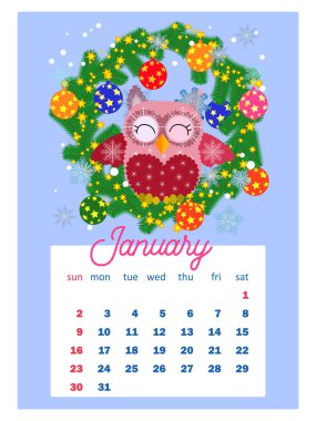 Takvim 2022. Her ay için sevimli baykuşlar ve kuşlar. 2022 için duvar dikey takvimi, hafta pazar günü başlıyor. A4 biçimi.