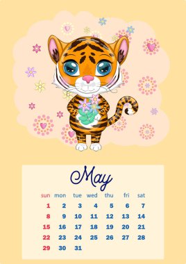 2022 yılı için Şirin Kaplan Duvarı Takvim Şablonu, Kaplan Yılı, Çin takvimi, A4. Hafta pazar günü başlıyor. çizgi film