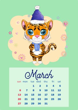 2022 yılı için Şirin Kaplan Duvarı Takvim Şablonu, Kaplan Yılı, Çin takvimi, A4. Hafta pazar günü başlıyor. çizgi film