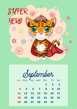 2022 yılı için Şirin Kaplan Duvarı Takvim Şablonu, Kaplan Yılı, Çin takvimi, A4. Hafta pazar günü başlıyor. çizgi film