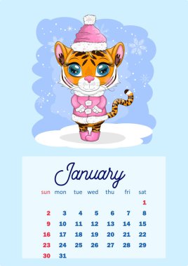 2022 yılı için Şirin Kaplan Duvarı Takvim Şablonu, Kaplan Yılı, Çin takvimi, A4. Hafta pazar günü başlıyor. çizgi film