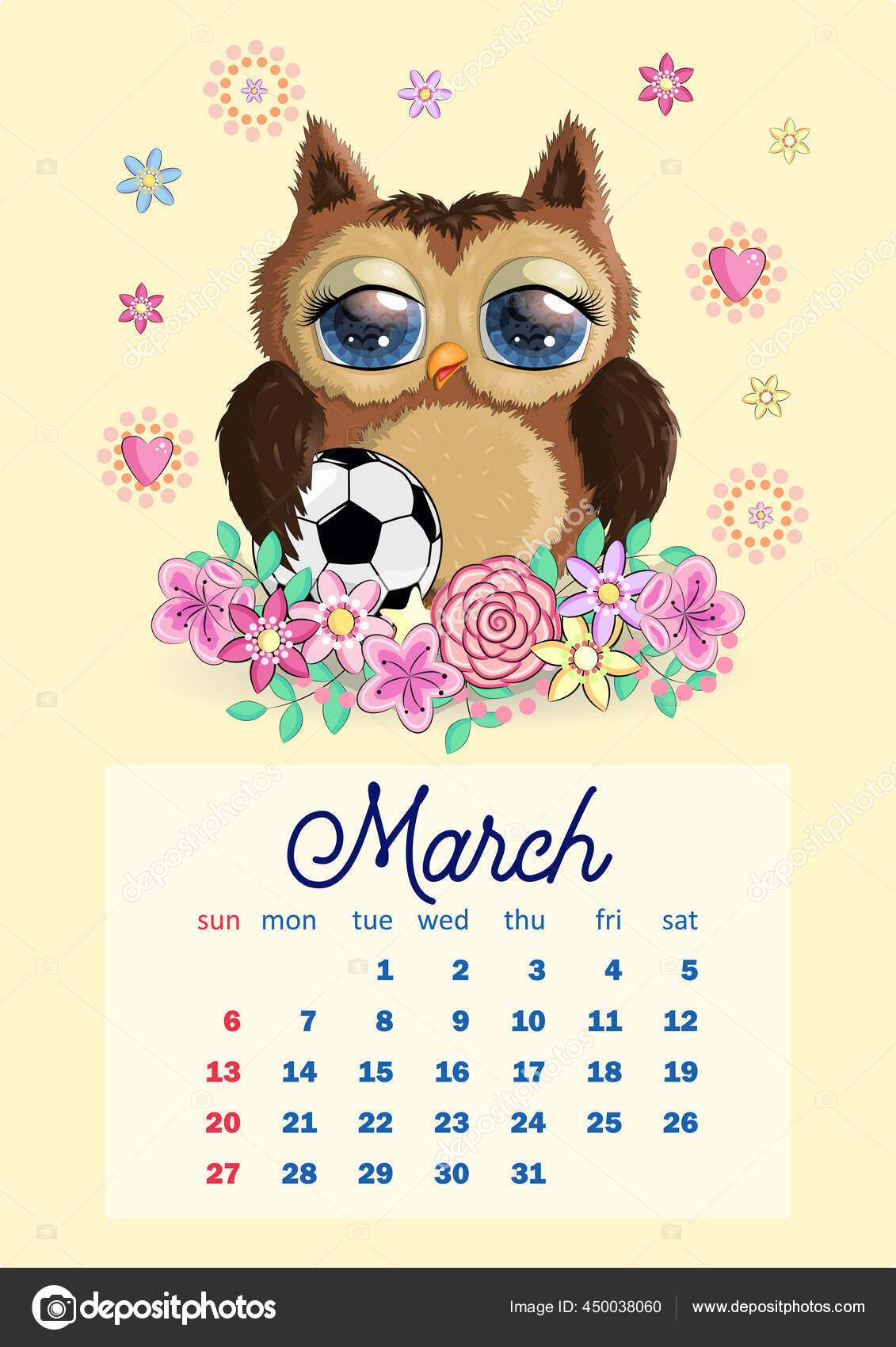 Cute Cartoon Owl Beautiful Eyes Wall Calendar Design Template 2022 Vector Image By C Michiru13 Vector Stock 450038060