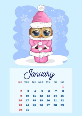Güzel gözleri olan sevimli çizgi film baykuşu. 2022 için duvar takvimi tasarım şablonu, her ay için A4 biçimi. Hafta pazar günü başlıyor..