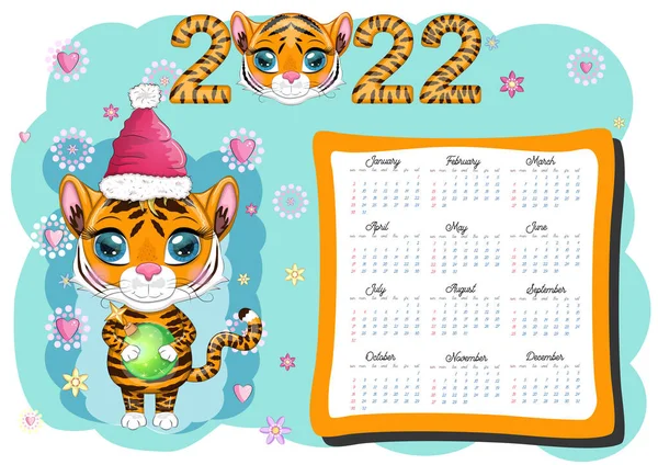 Cute Tiger Wall Calendar Template 2022 Year Tiger Chinese Calendar — Stock Vector