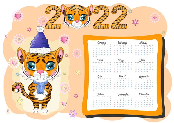 Calendar 2022 Tiger Symbol New Year Cartoon Tiger Chinese Horoscope — Stock Vector