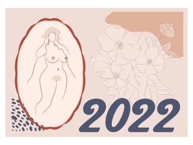 Kadın silueti, kadın vücudu, çiçekli, modaya uygun bej, şablon. 2022 için duvar yatay takvimi, hafta pazar günü başlıyor. A4 biçimi.