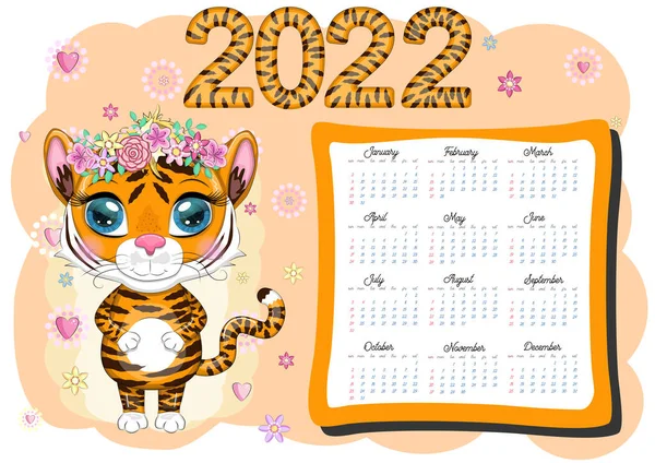 Cute Tiger Wall Calendar Template 2022 Year Tiger Chinese Calendar — Stock Vector