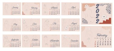Çiçekli, bej tonlu güzel kadın siluetleri. 2022 için duvar yatay takvimi, hafta pazar günü başlıyor. A4 biçimi.